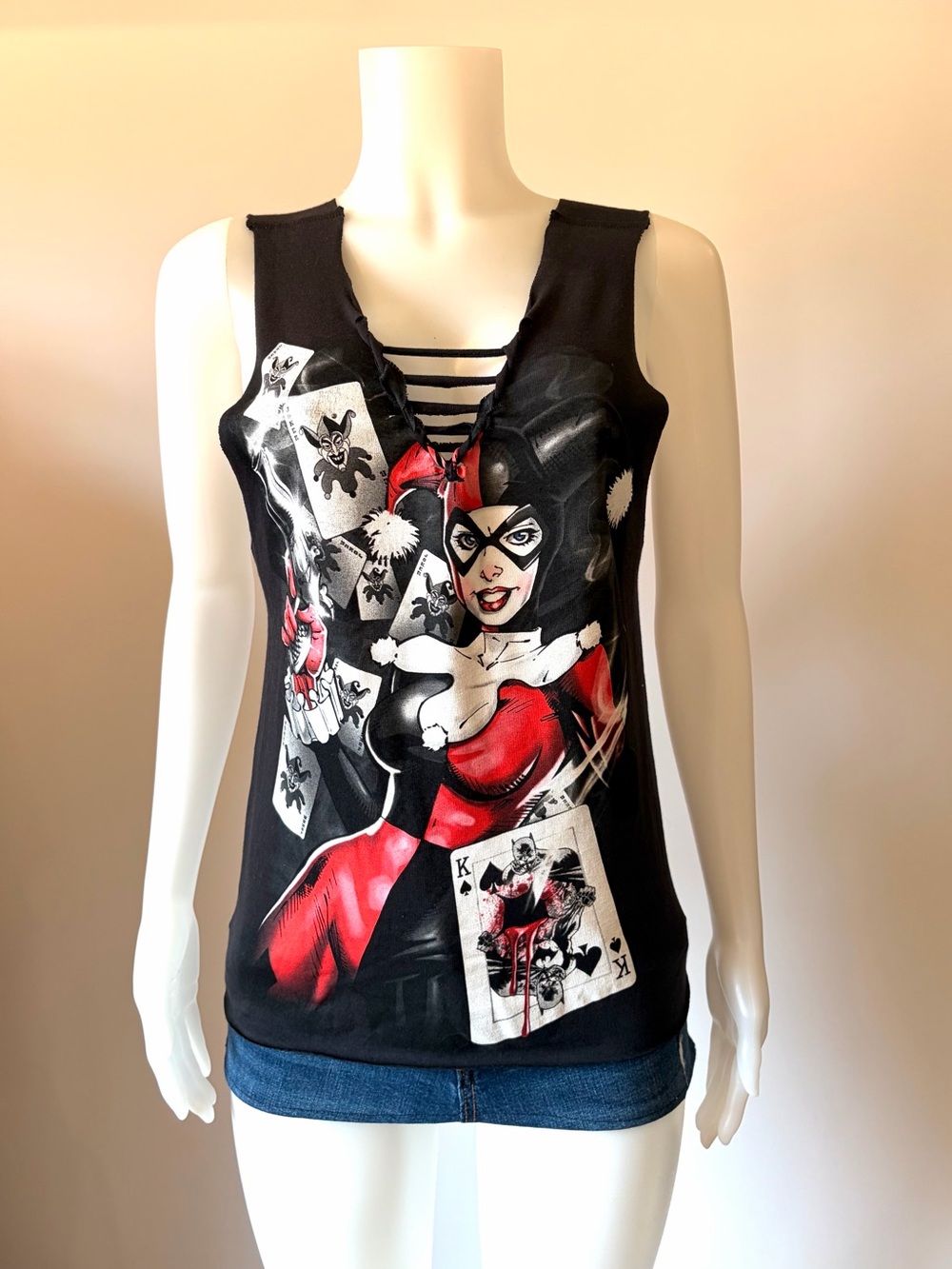 Hand Crafted Black Tank Top with Red & White Harley Quinn Graphic